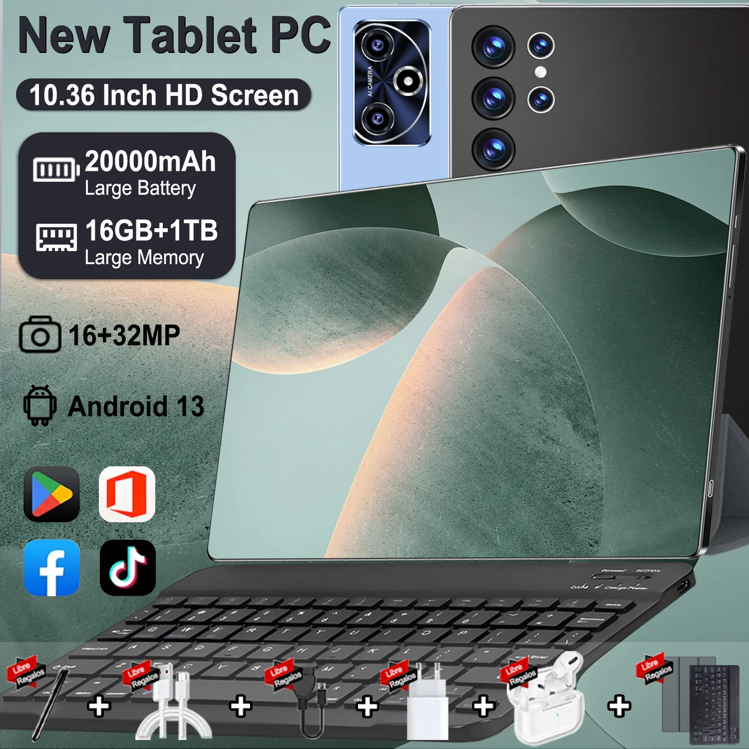 Tablette 10,36 pouces Android 13, puce haute performance 14 cœurs, stockage suffisant 16 Go + 1 To pour stocker des vidéos, des jeux et des documents, batterie longue durée 20000 mAh, double carte SIM 5G flexible et Wi-Fi rapide, appareils photo 16 MP et 32 MP, compagnon portable.