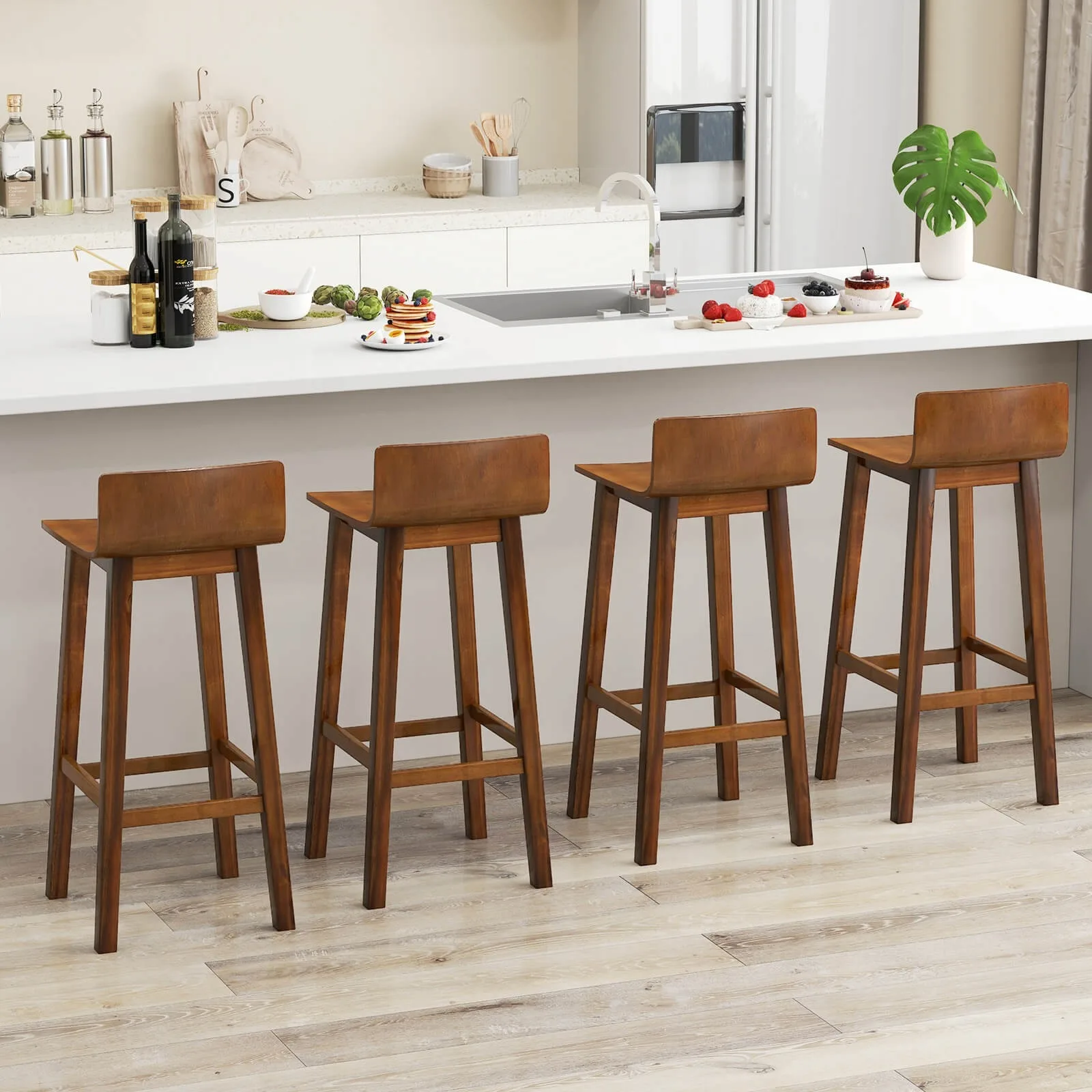 

29" Wood Bar Stools Set of 4 with Solid Back & Seat Mid Century Bar Chairs