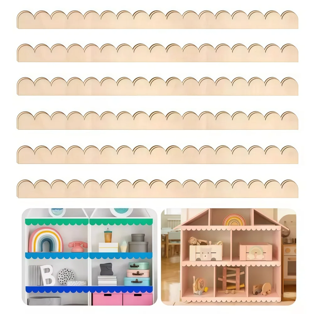 6/12PCS Wood Border Trim Scalloped Unfinished Decorative Edge Wooden Strips Moulding For Diy Crafts Wall Cabinet Home Decoration