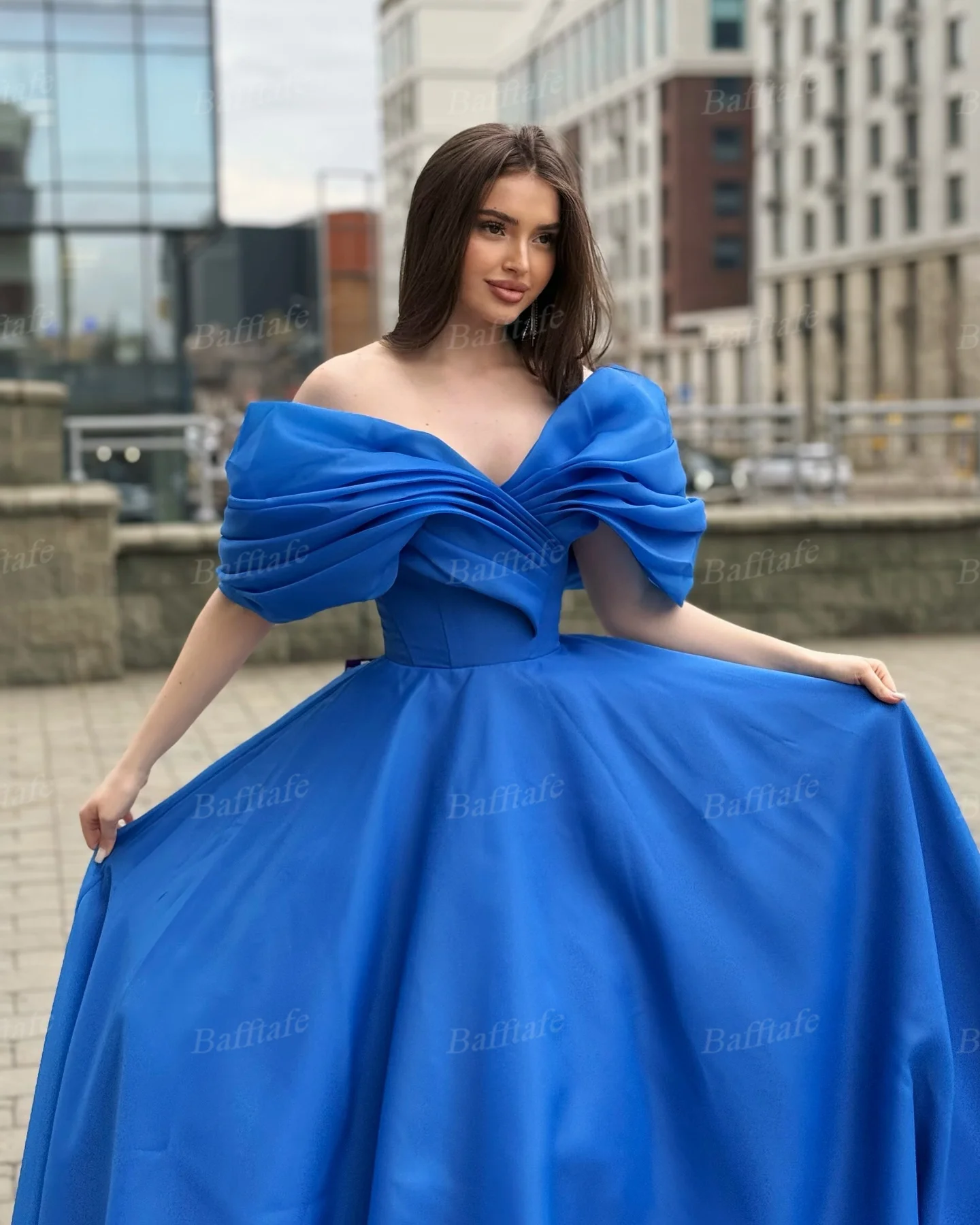 Bafftafe azul una línea de Organza vestidos de graduación personalizados fuera del hombro plisado corsé vestidos de noche formales mujeres fiesta especial
