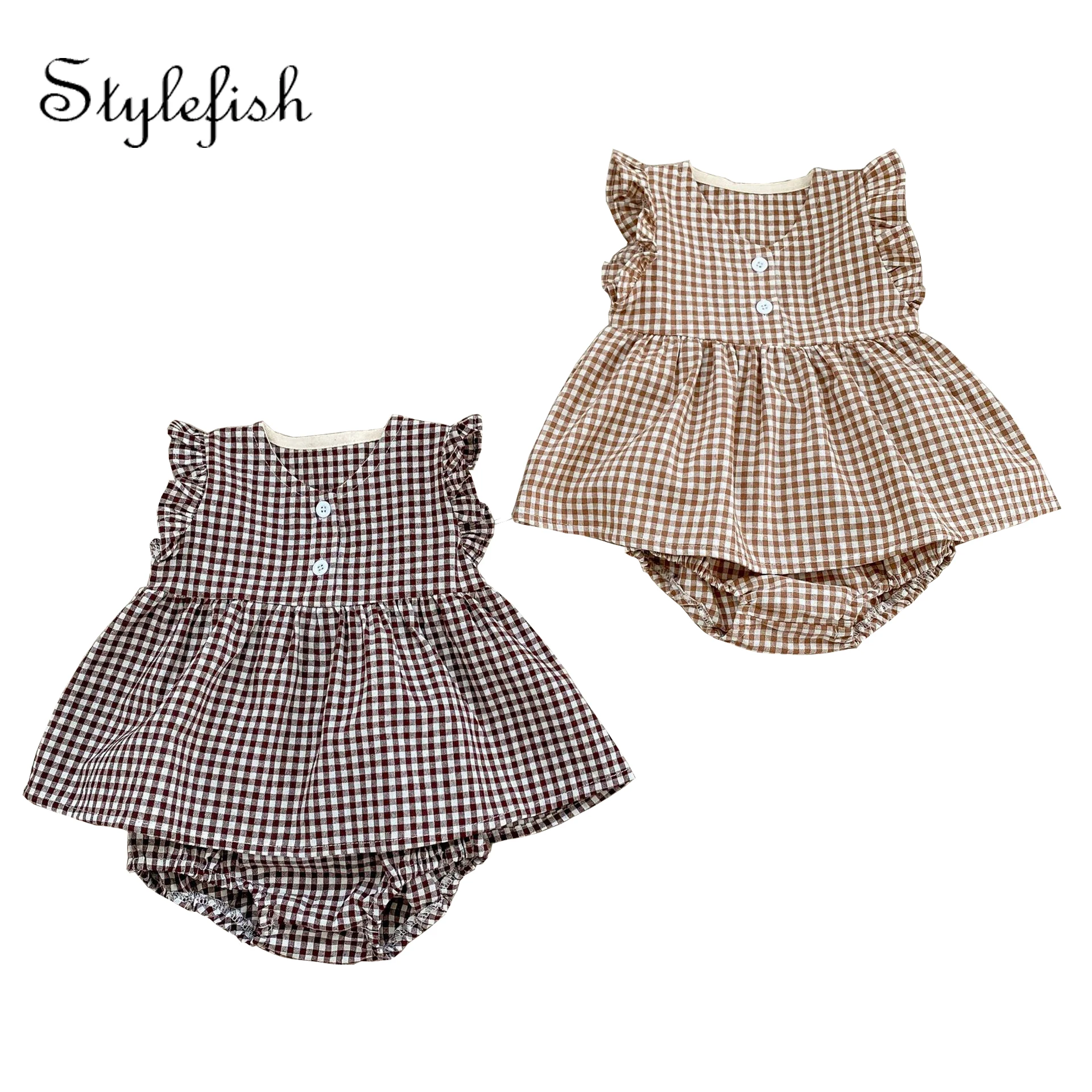 

2022 summer ins infant baby girl clothing set small Plaid fly sleeve top + bread pants female baby girl set