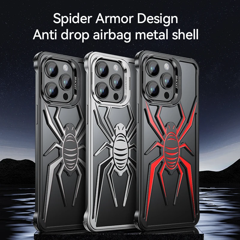 Cool Spider Aircraft Aluminum Alloy Metal Case For iPhone 15 Plus 14 Pro Max 13 Corner Airbag Frameless Camera Frame Kickstand
