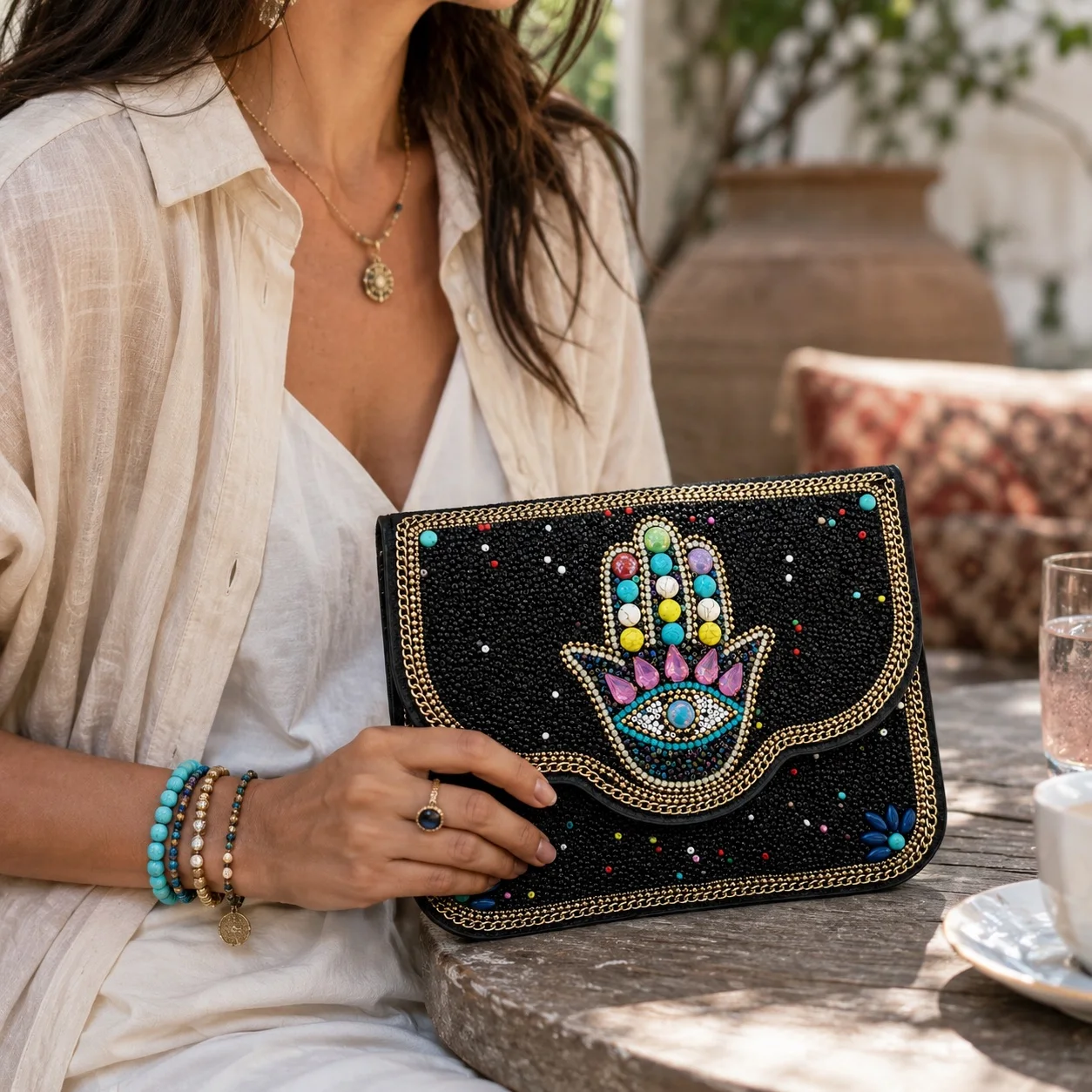 Bohemian vintage hand-beaded Fatima cross-body bag black bead embroidery amulet eye pattern with colored gemstone inlay