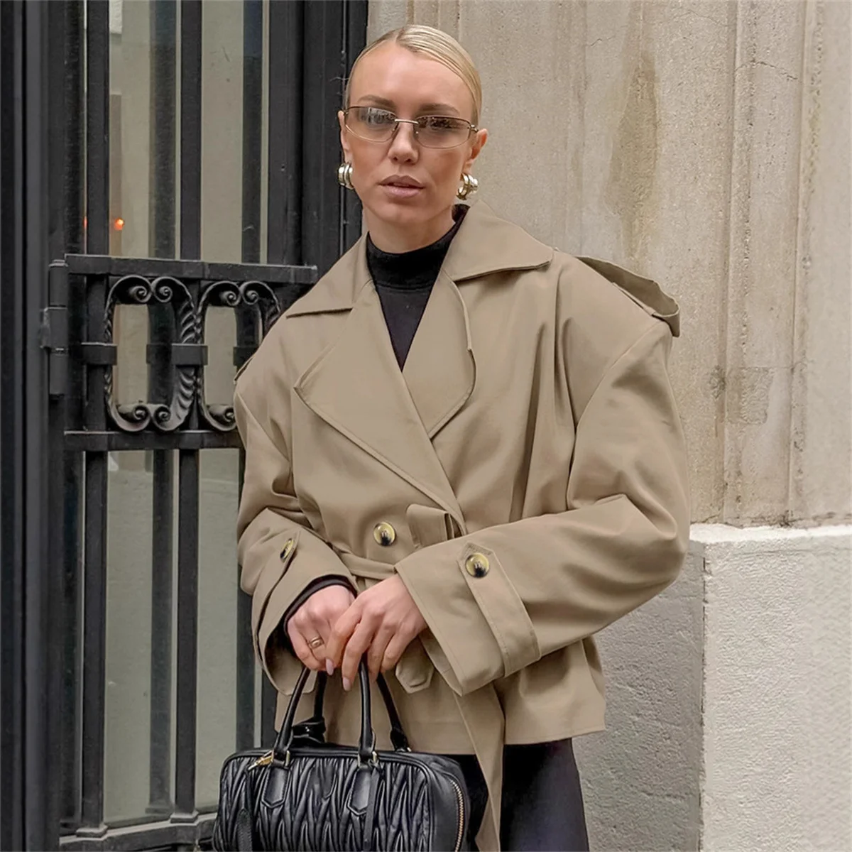 

Cropped Lace-up Khaki Casual Trench Coat Women Lapel Long Sleeve Wide Shoulder Windbreaker Jacket Fall Daily Streetwear Overcoat