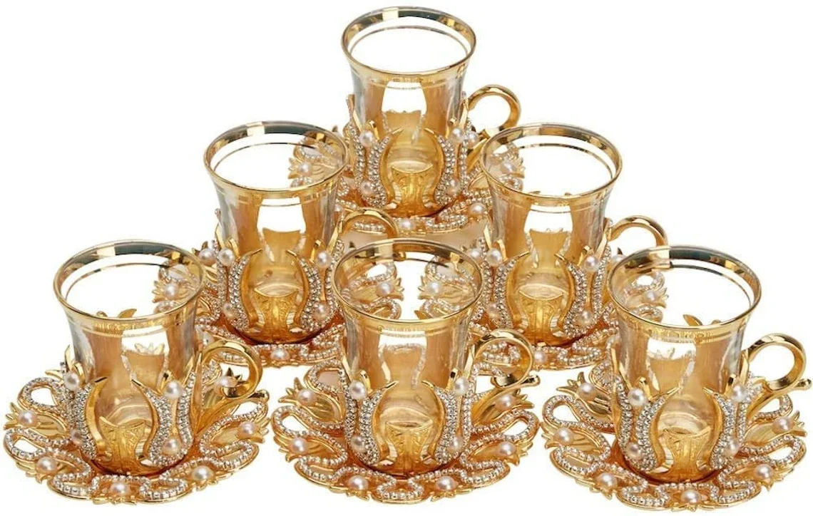 Turkish Arabic Tea Set of 6, Gold, 3 Ounces