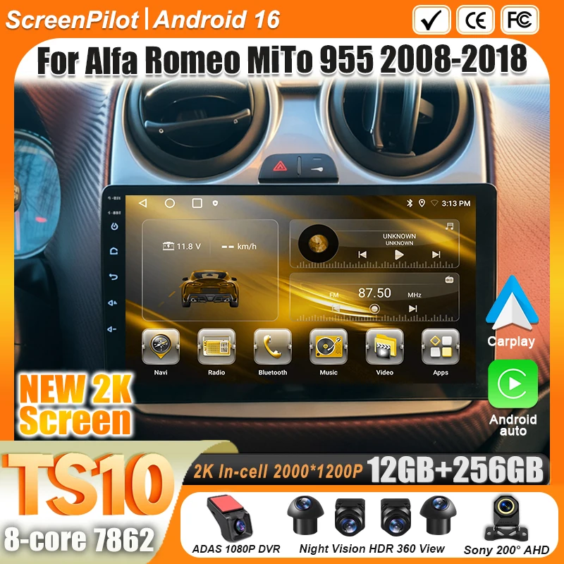 For Alfa Romeo MiTo 955 2008-2018 Android 16 Car Radio Multimedia Video Player Carplay Touch Screen 8 Core Wifi 5G 7/9/10 Inch
