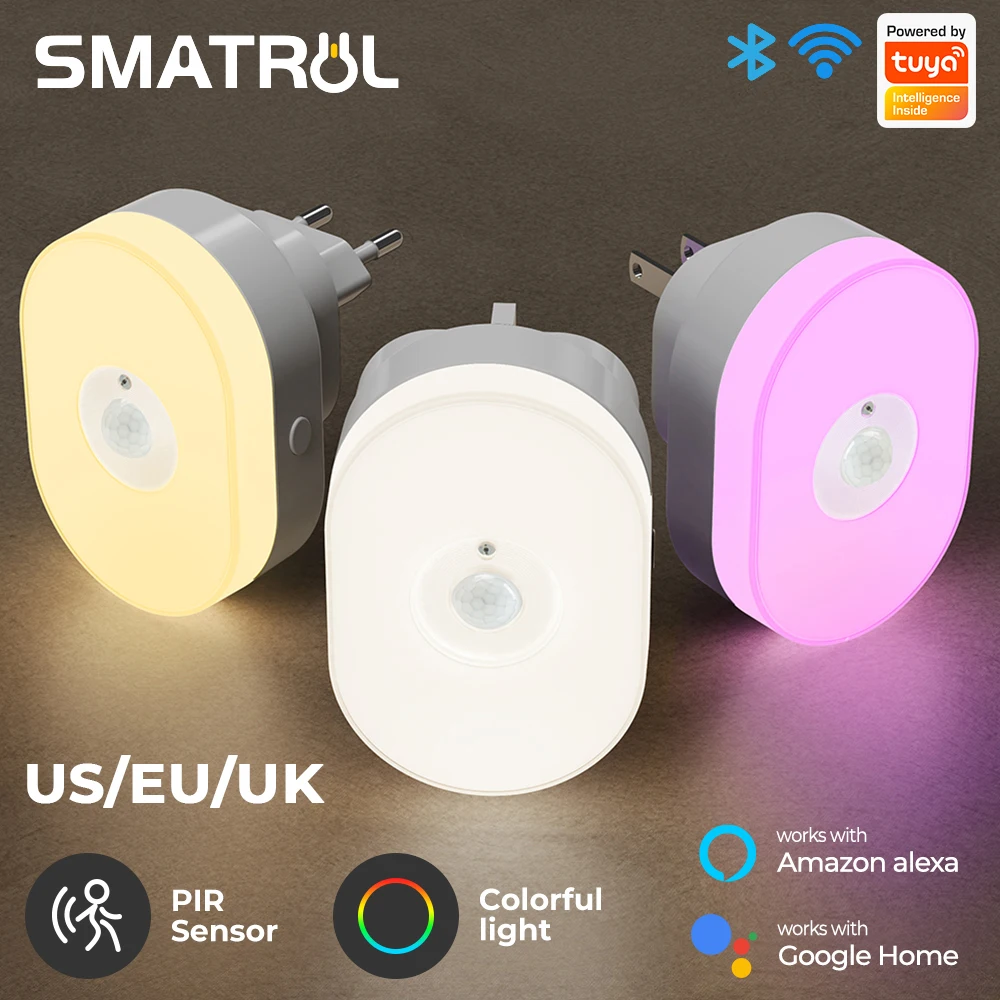 

Wi-Fi Tuya Smart Led Night Light PIR Датчик движения Eu Us Uk Plug In Wall Lamp Теплый белый RGB Room App Voice для Alexa Google Home