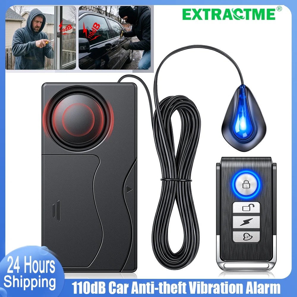 Car Anti-Theft Alarm 110dB Loud Siren Adjustable Vibration Sensitivity Blue LED Indicator for Auto Truck Work Vehicle Security