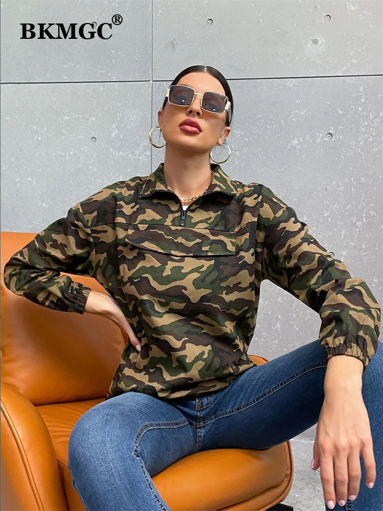 

BKMGC Hoodies Women Aesthetic Army Green Camouflage Long Sleeve Top Streetwear Hoodies Women Sweatshirt Autumn Female Tops 2162