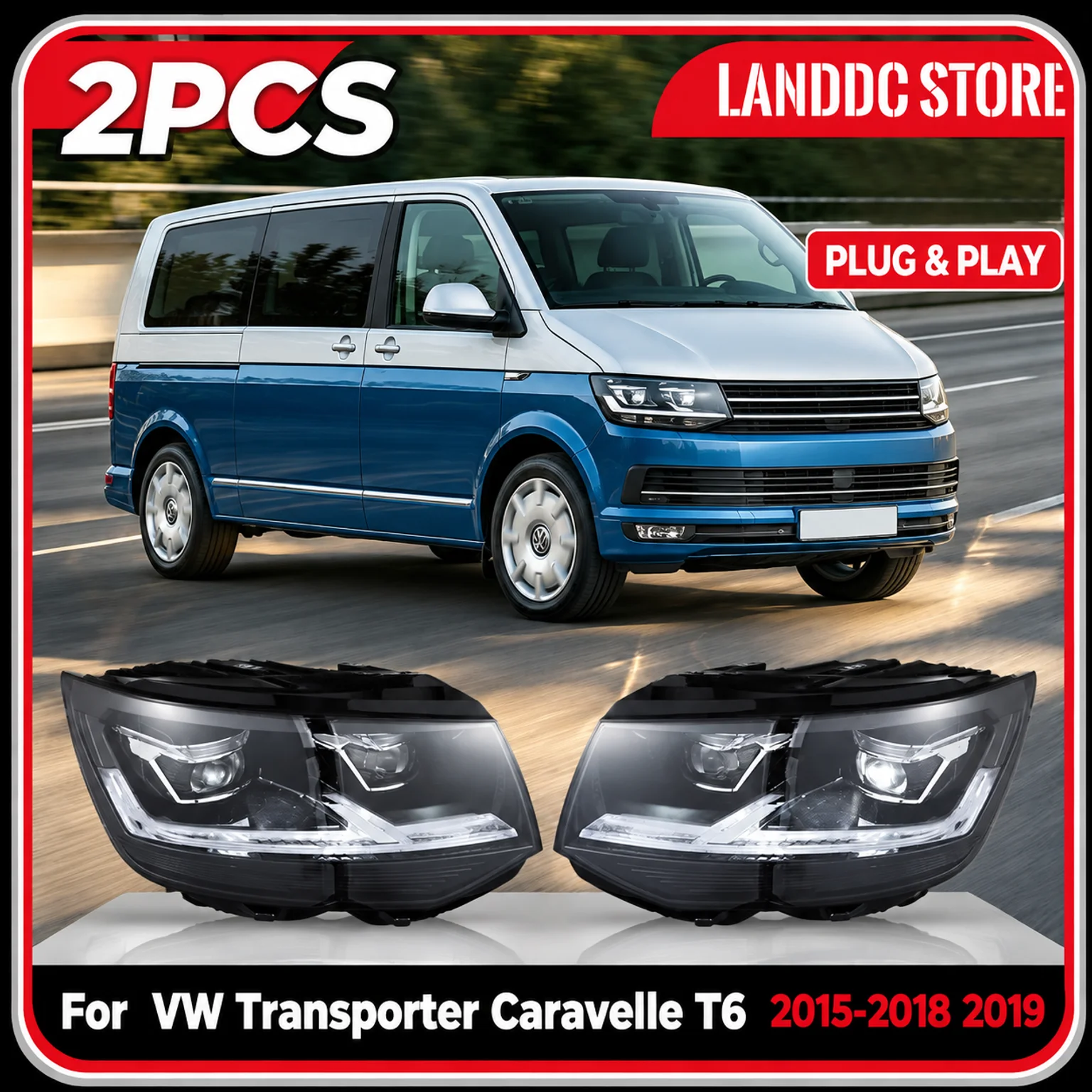 LED-Scheinwerfer-Paar für VW Transporter Caravelle T6 2015-2018 2019 Altes Modell Frontleuchte Tuning Plug & Play