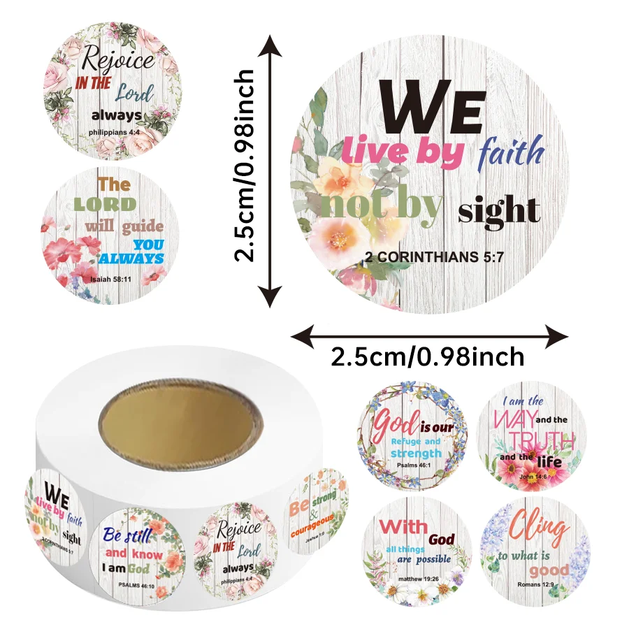 500 PCS Bible Verse Stickers Roll — Floral Christian Scripture Stickers, Inspirational Religious Round Labels .