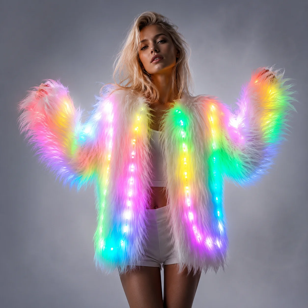 LED-Kunstpelzmantel mit Fernbedienung, Tanzparty-Jacke, leuchtendes Kostüm für Damen, Gogo, warmes Kostüm, Bühne