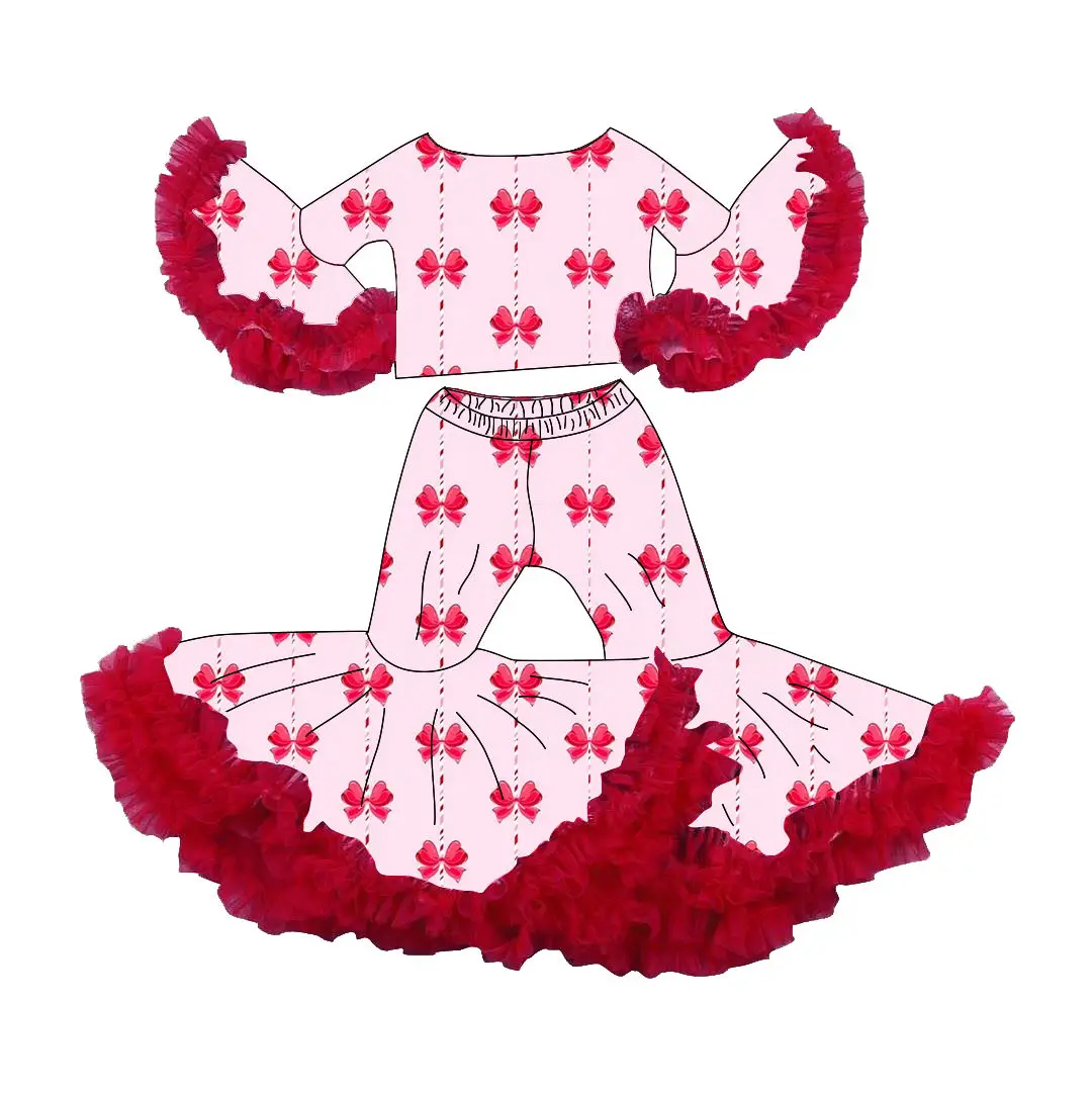 Boutique Children's Best-seller Girls' Set Bell Long-sleeved Top and Bell Bottoms Mesh Trim Bow Print Custom Wholesale