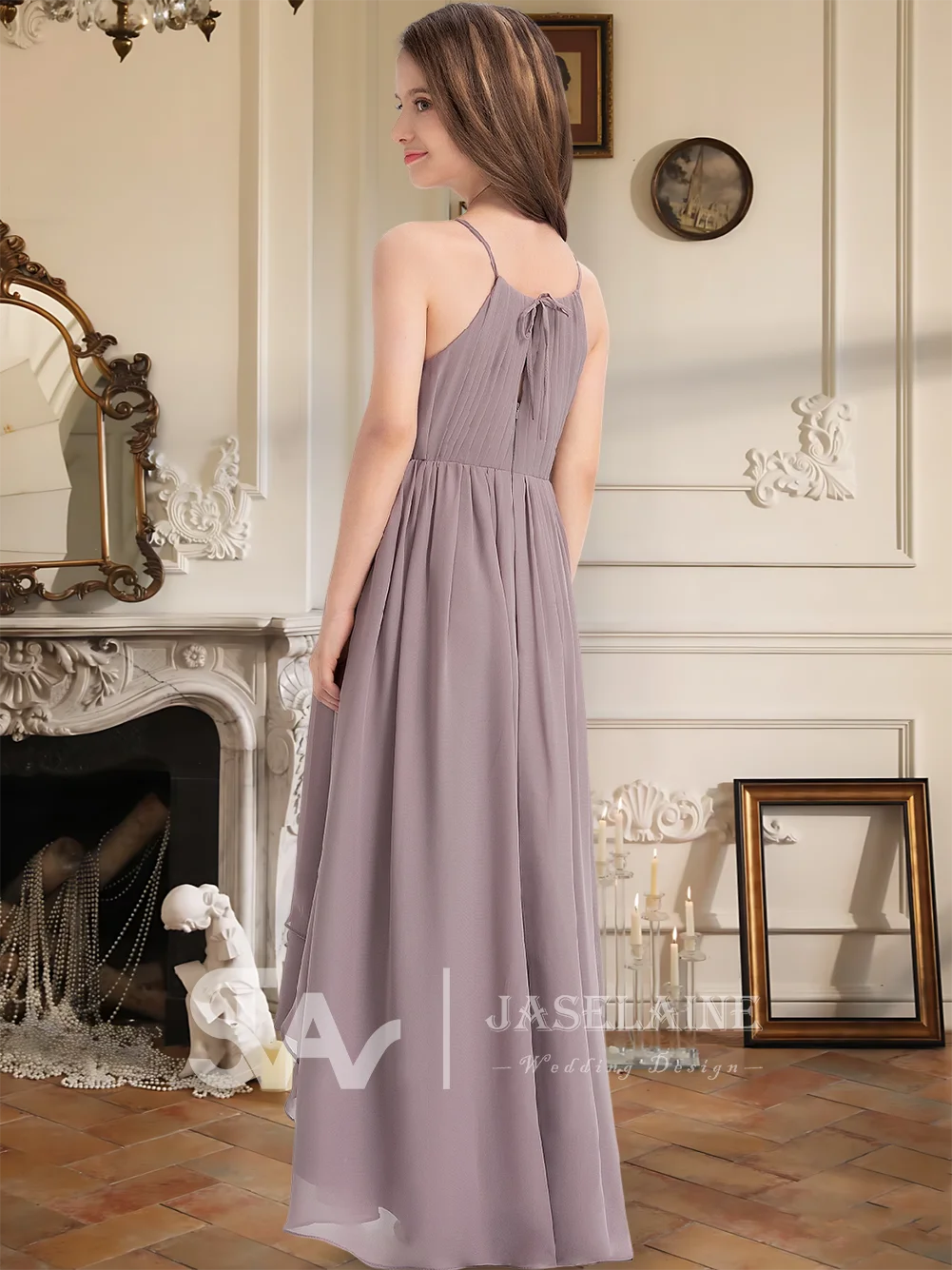 Um vestido de dama de honra júnior chiffon halter assimétrico vestido da menina de flor uma linha arco festa de casamento vestido de comunhão meninas formal