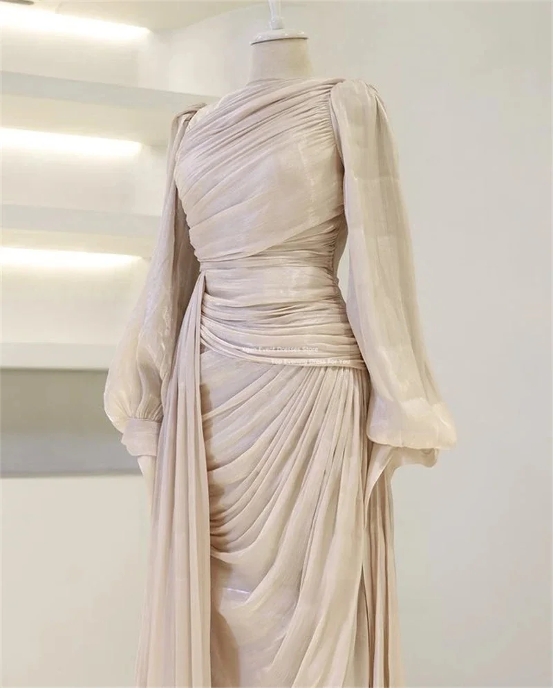 Xijun Bescheidene Abendkleider aus Seidensatin, O-Ausschnitt, marokkanischer Kaftan, lange Ärmel, Ballkleider, Falten, Ballkleider, Dubai, individuell gestaltet