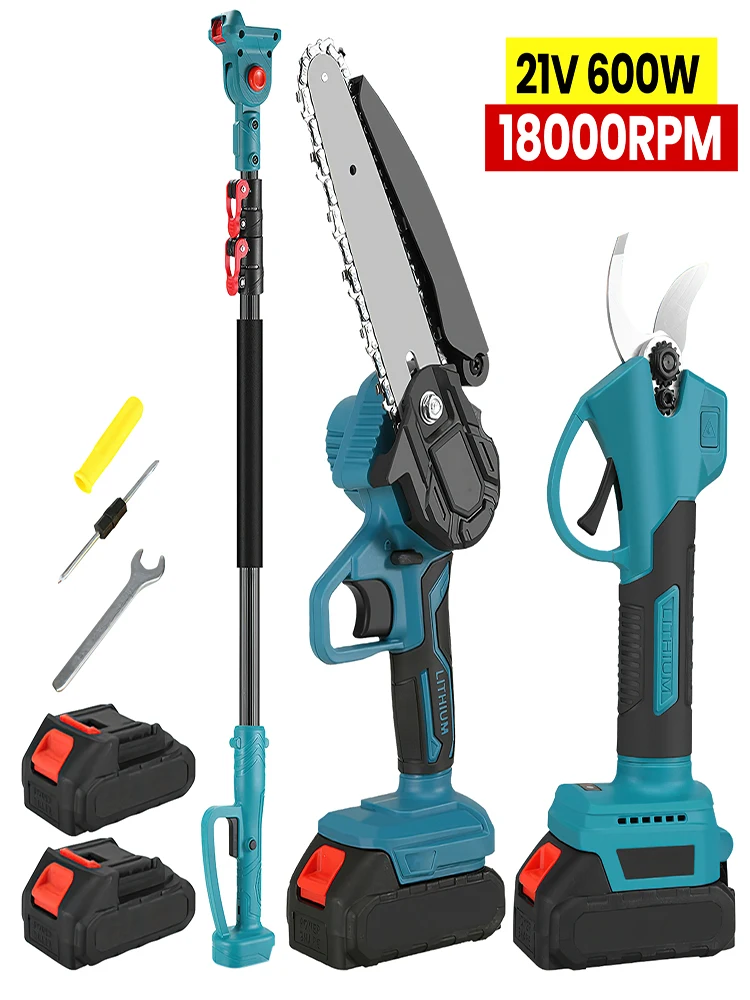 21V Bürstenlose Teleskopstange Elektrische Kettensägeschere 2-in-1 600W 6" Kettensäge 18000RPM 2,5cm Schnittbreite Teleskopisch 2m Gartengeräte-Set