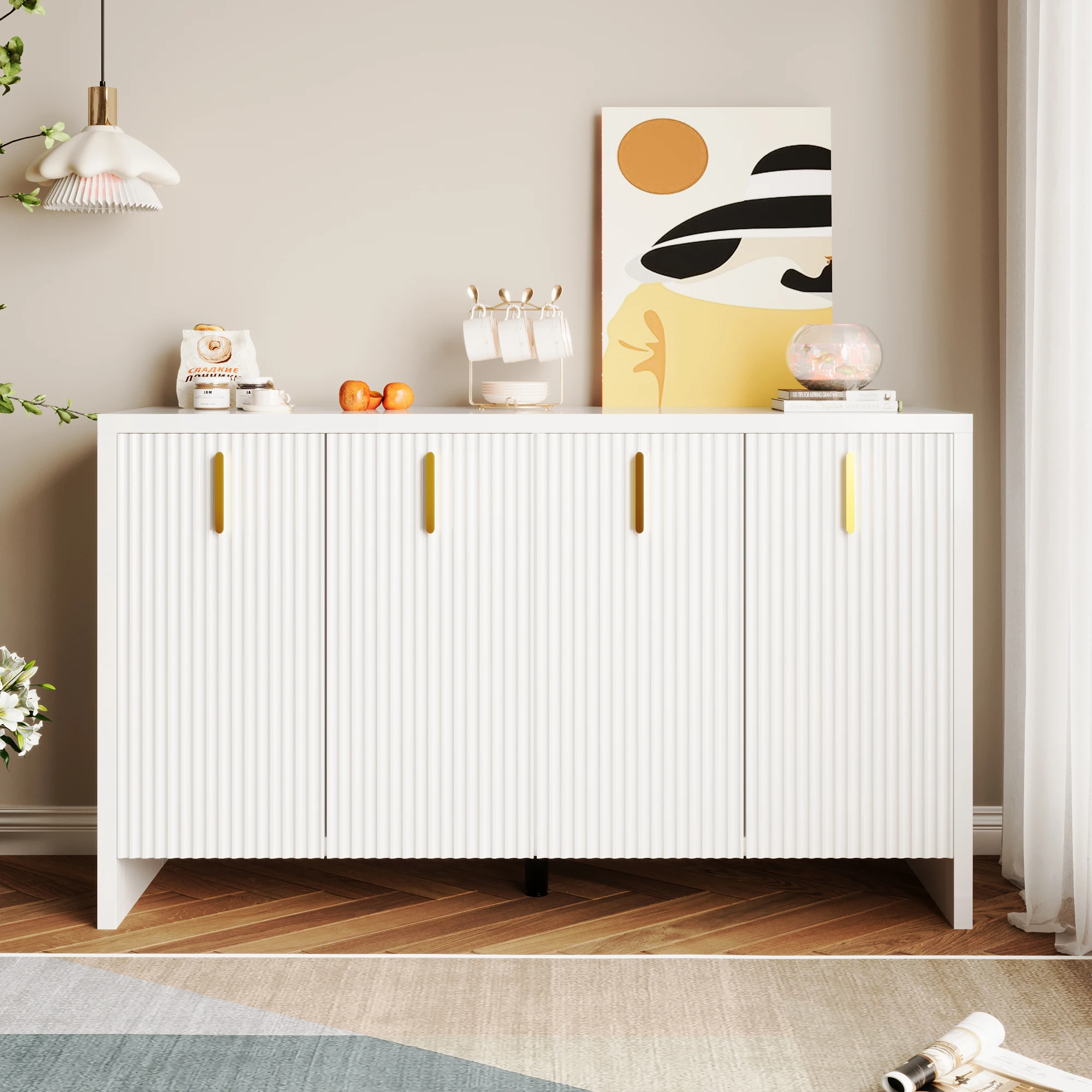 Buffet blanc moderne et minimaliste en panneaux de particules : la combinaison idéale entre rangement flexible et élégance
