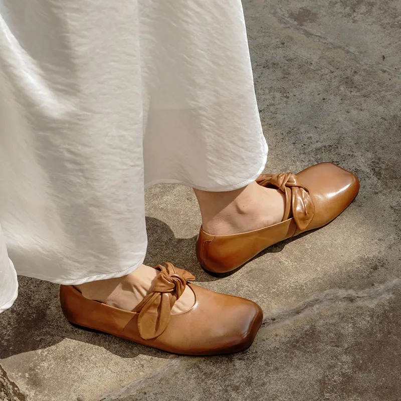 النساء بسيطة الشقق ساحة تو ربطة أحذية الانزلاق على أحذية السيدات الخريف جلد طبيعي امرأة المتسكعون الربيع أحذية أنيقة #5
