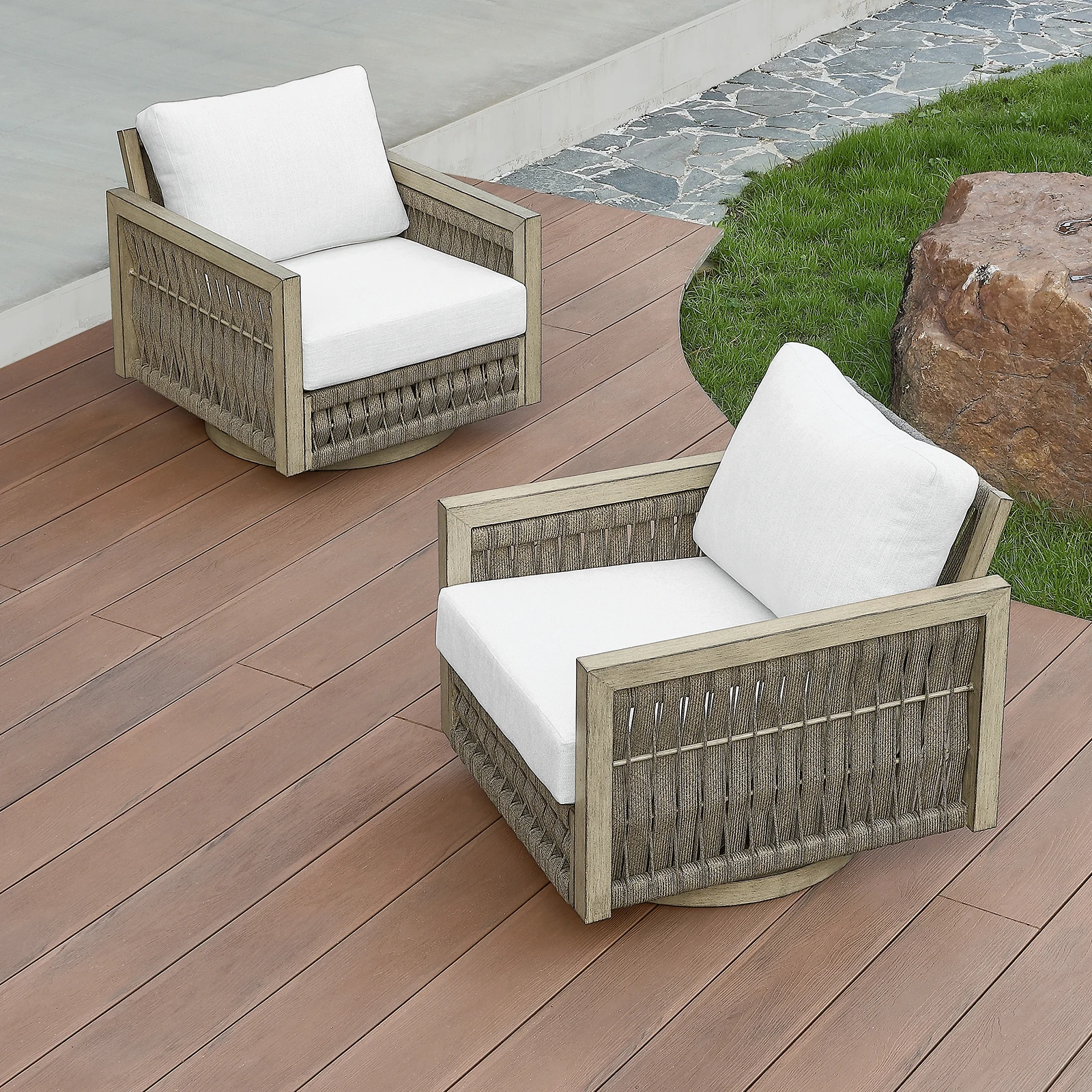 

SeeHill Patio Swivel Chairs Set of 2, Aluminum Outdoor Armchairs with Cushions, Rope Weave Swivel Chairs, Gray Oak Style