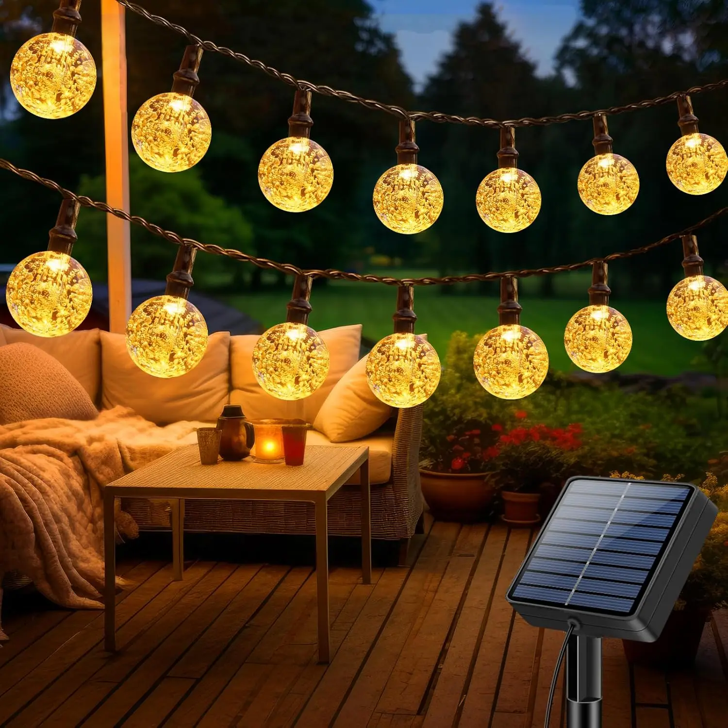 Guirnalda de Luces Solares Exterior 12M Iluminación LED Impermeable IP65 con 30 Bolas de Cristal 8 Modos de Luz y Función de Memoria Cadena de Luces para Decoración de Jardín Terraza Patio Balcón Navidad y Fiestas Cable Flexible