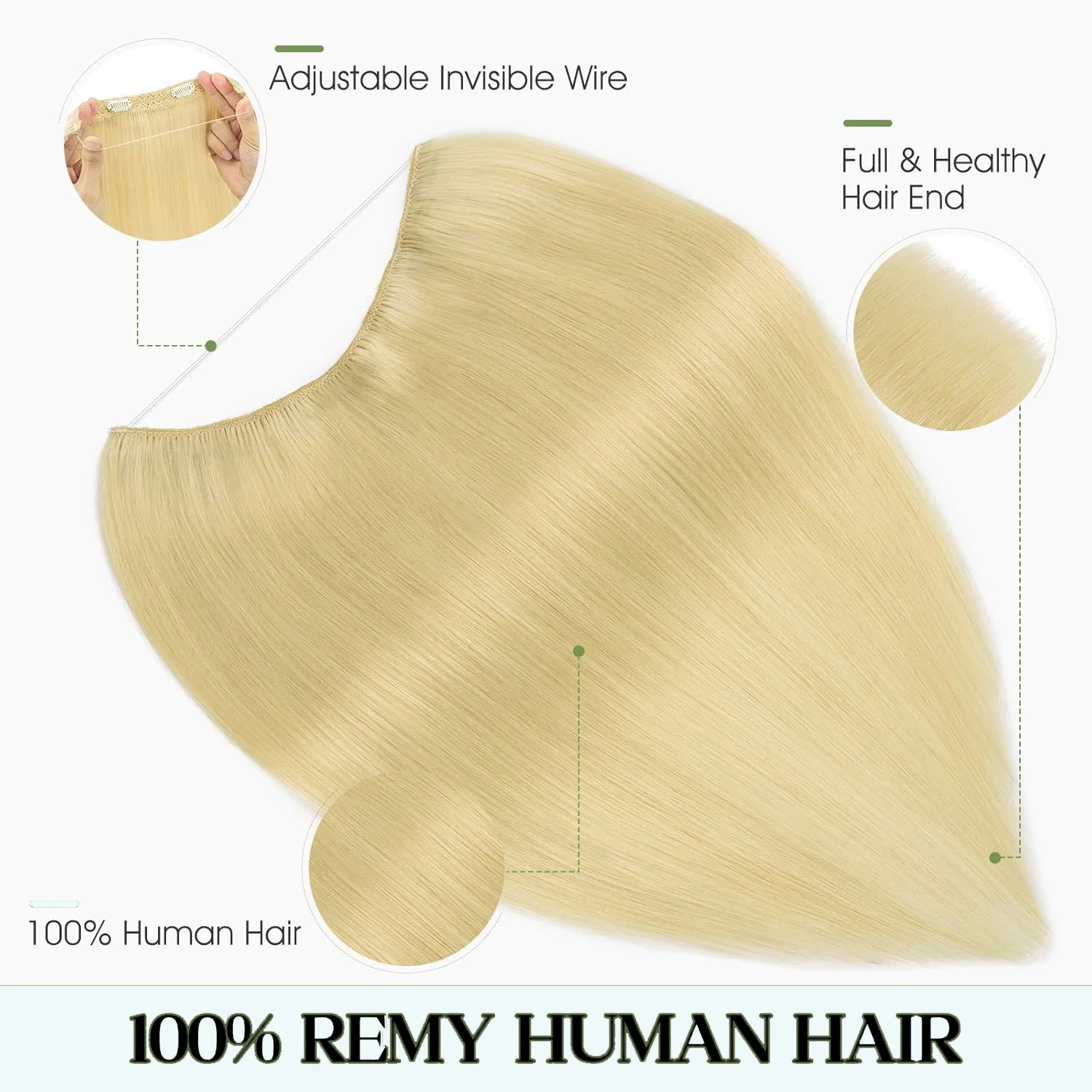 20 بوصة 100 جرام وصلات شعر هالة أشقر 100% شعر بشري مع سلك شفاف غير مرئي قابل للتعديل حجم مشبك آمن على قطعة الشعر #2