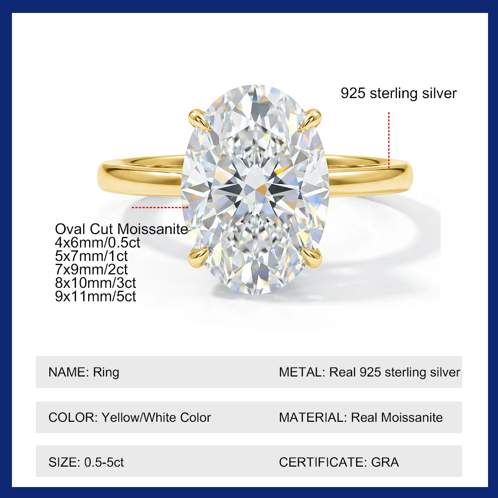 Oval Cut 0.5-5CT D VVS1 Moissanite Rings for Women 925 Sterling Silver Lab Diamond Solitaire Engagement Wedding Ring Luxury Band