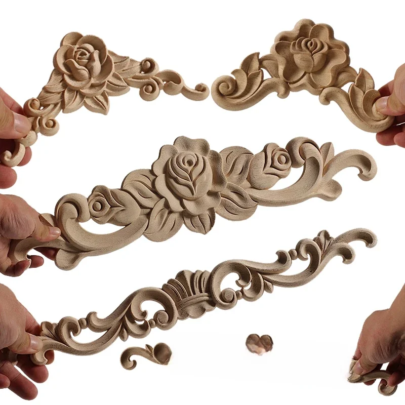 Décalcomanie en bois classique, non peinte, exquise, Applique en bois, moulures florales, coin en bois, accessoires de décoration de meubles