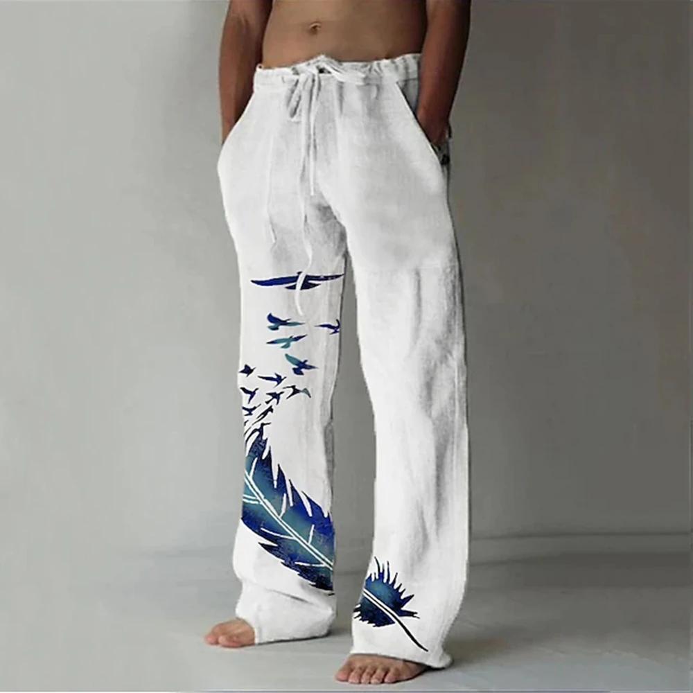 Men's Trousers Summer Pants Beach Pants Pocket Drawstring Elastic Waist Feather printing Breathable Lightweight Casual Trousers