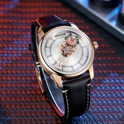 OBLVLO Lightspeed Spacecraft Mens Rose Gold Blue Dial Mechanical Watch Luxury Leather Watch for Men Business Wristwatch JM-SP