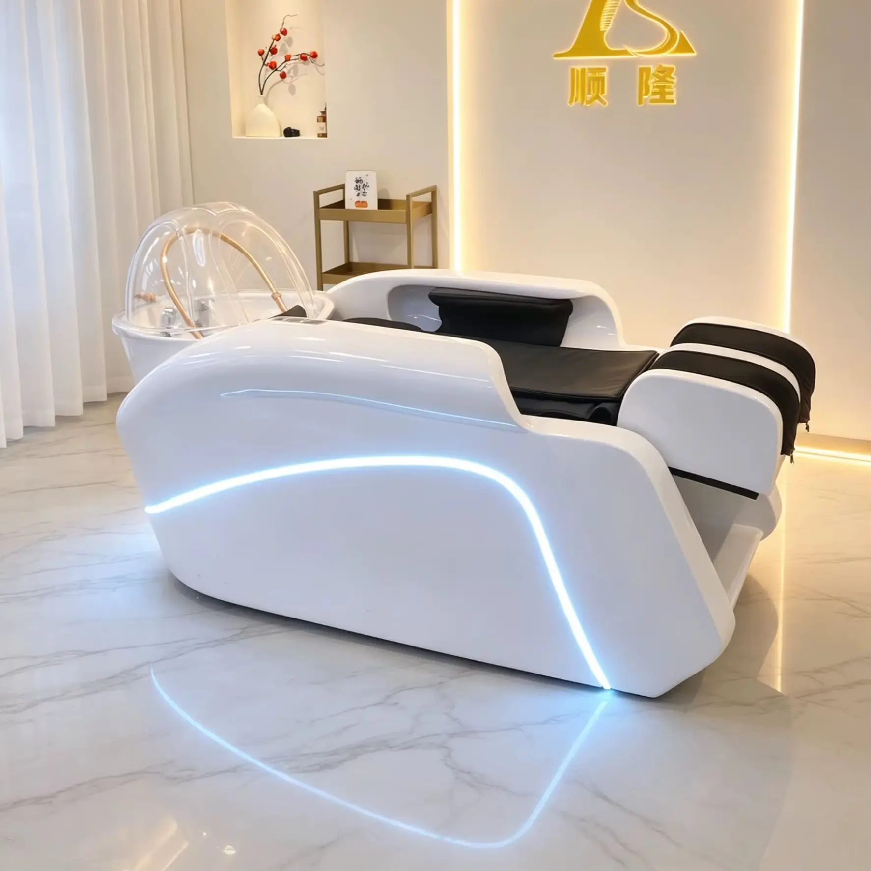 White Massage Shampoo Chair Hydrotherapy with Light Water Circulation Hair Treatment Bed for Head Therapy