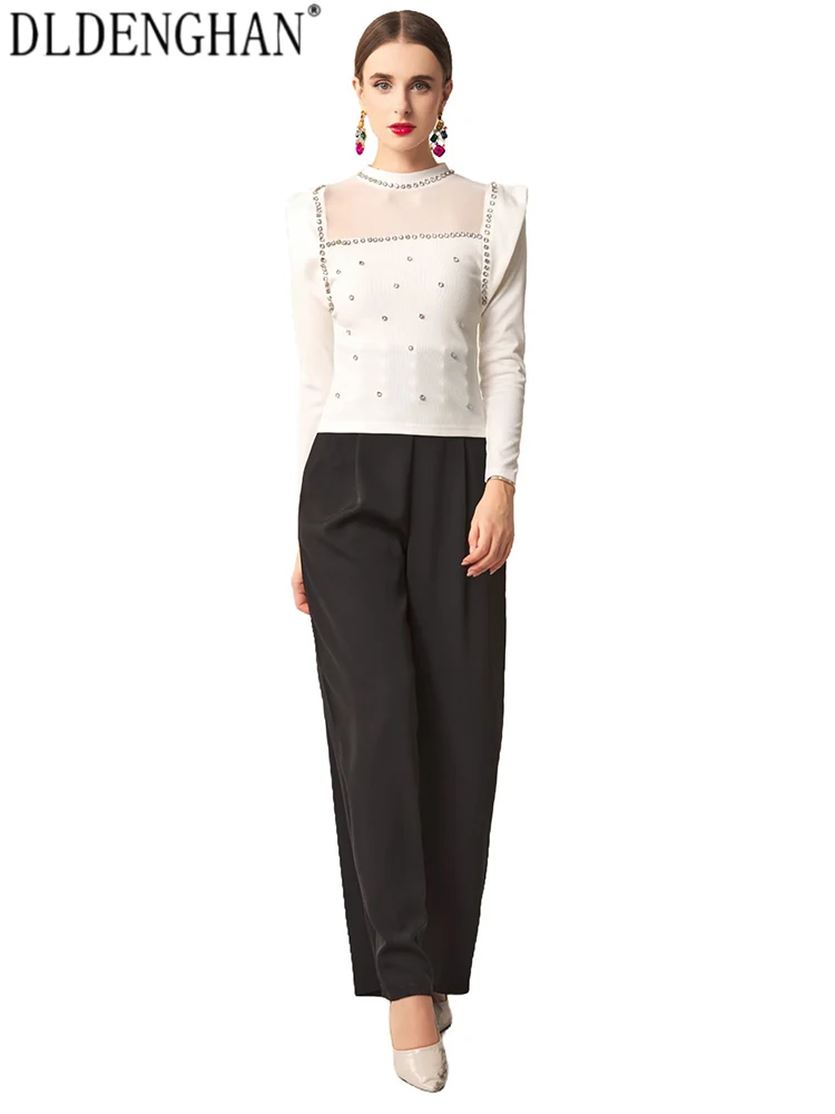 

DLDENGHAN Women High Street Solid Stand Collar Long Sleeves decorate Diamonds Spring Autumnal Pants 2-Piece