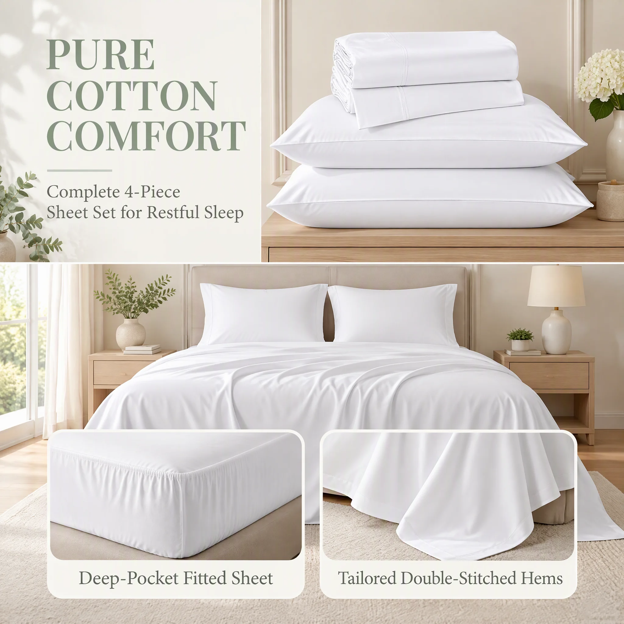 ชุดเครื่องนอน 4 ชิ้น สีพื้นเรี - Fitted Bed Sheets Deep Pocket บทวิจารณ์และราคา