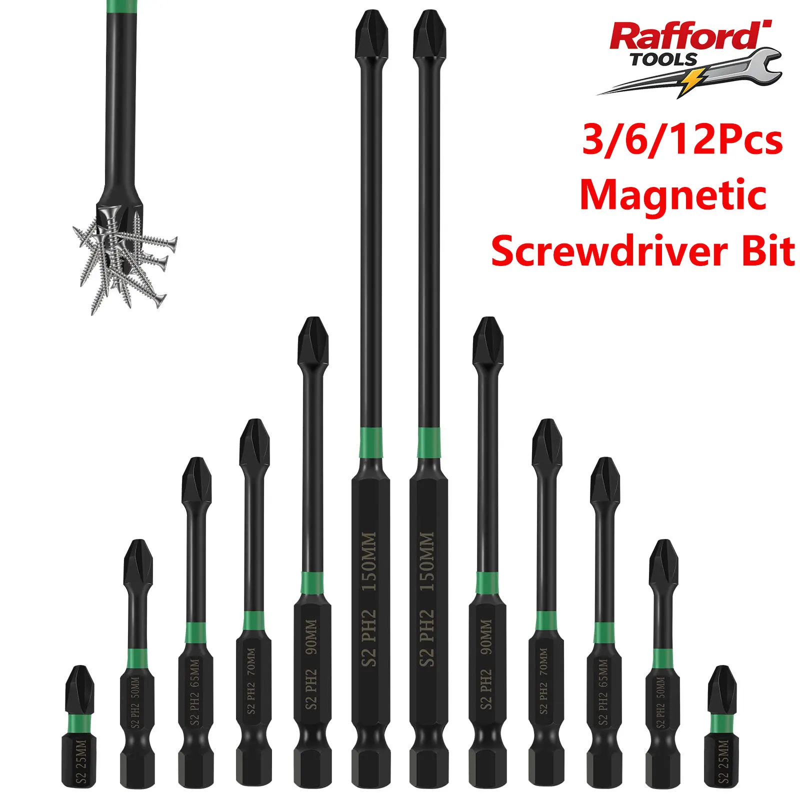 Rafford Screwdriver Bit Set 3/6/12Pcs Magnetic Bit Cross 1/4 Hex Anti - Slip Shank Drill for Electric Screws Impact Drill Tool
