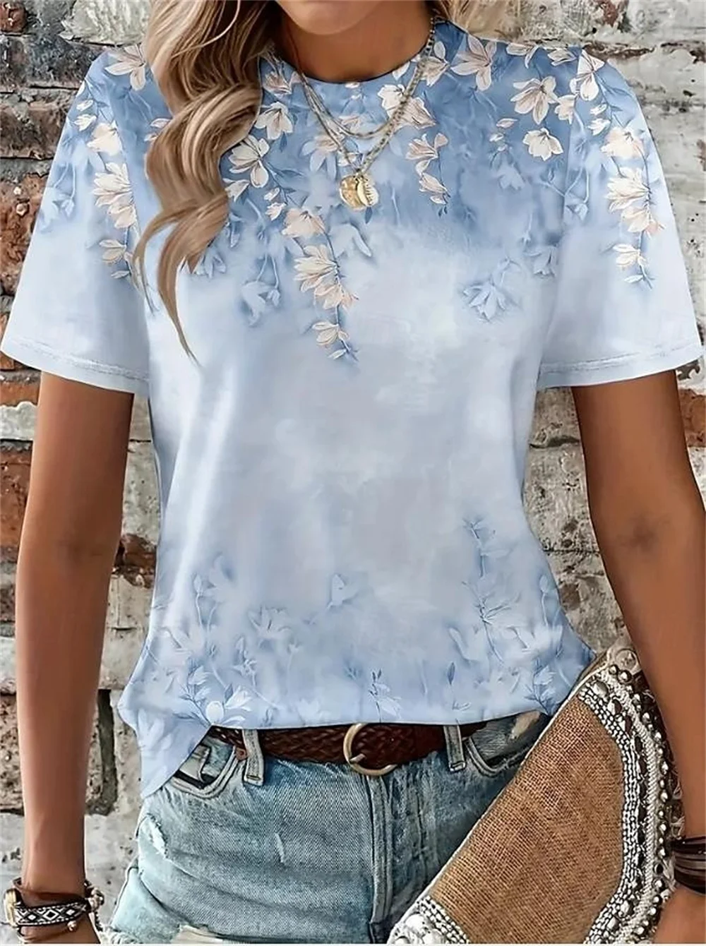 T-shirt à manches courtes et col rond pour femmes, chemisiers College floraux, vacances, week-end, basique, personnalisé