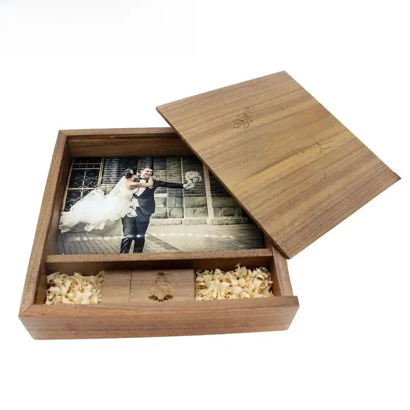 Kostenloses LOGO Holz USB 3.0 Flash-Laufwerk 4G 8G 16G 32G 64GB 128G Hochzeitsgeschenk Stift Laufwerke Box für 6*4 Memory Stick Fotografie U Disk