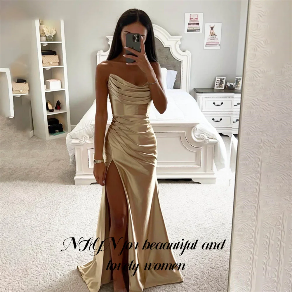 

NFYN Mermaid Champagne Prom Dress Gowns Sleeveless Pleat Stain Formal Gowns Side Split Evening Gown vestidos de noche Customized