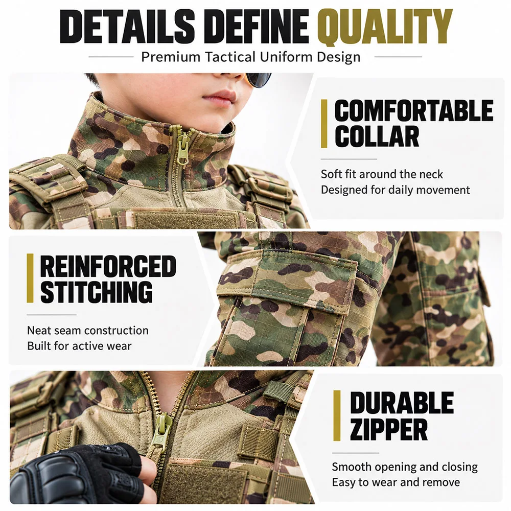 QX Kids Premium Cotton Camo Frog Suit Boys Outdoor Training Uniform School Performance Costume Tactical Apparel Clothing Set