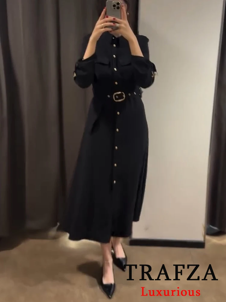 TRAFZA Vintage Chic Women Dress Black Solid Turn-down Collar Single Breasted Belt Vestidos New Fashion 2024 Autumn Chic Dress