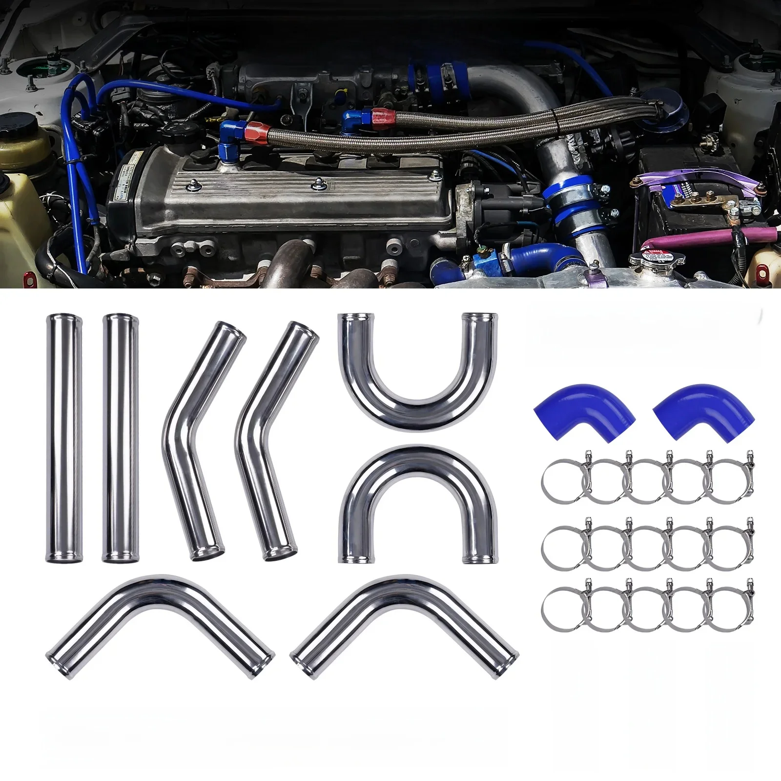 2,5'' Intercooler Turbo Piping Tube Duct Kit + gebogen pijpkoppeling Blauw 64 mm aluminium universele kit en blauwe slangset - afbeelding 2