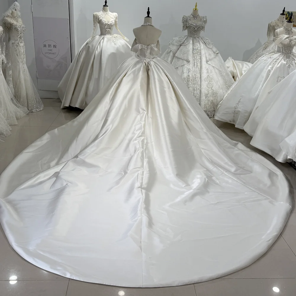 Satin Wedding Dresses Strapless Lace Up Back Ball Gown Sequins Beading Bridal Dress