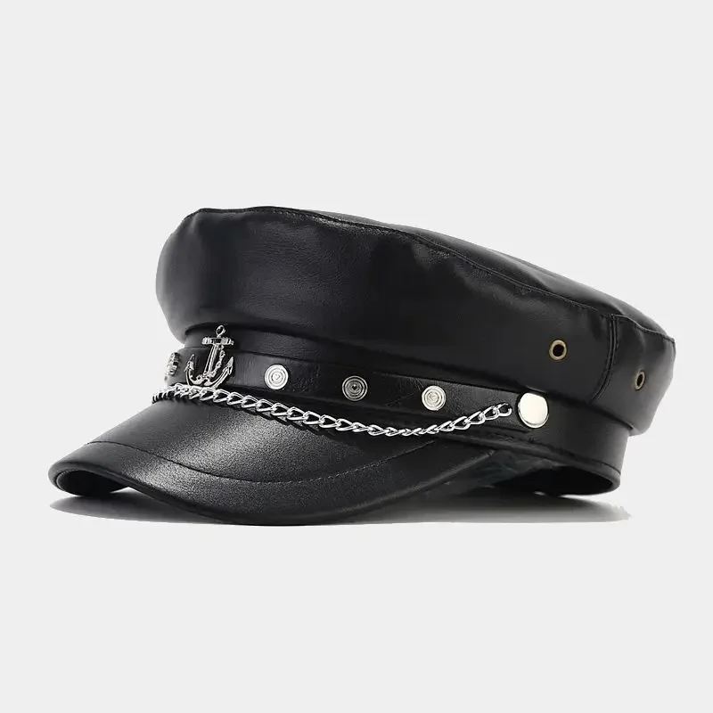 Moda PU skórzany Beret Vintage England płaskie czapki gazeciarza Outdoor Casual czapka wojskowa — zdjęcie 2
