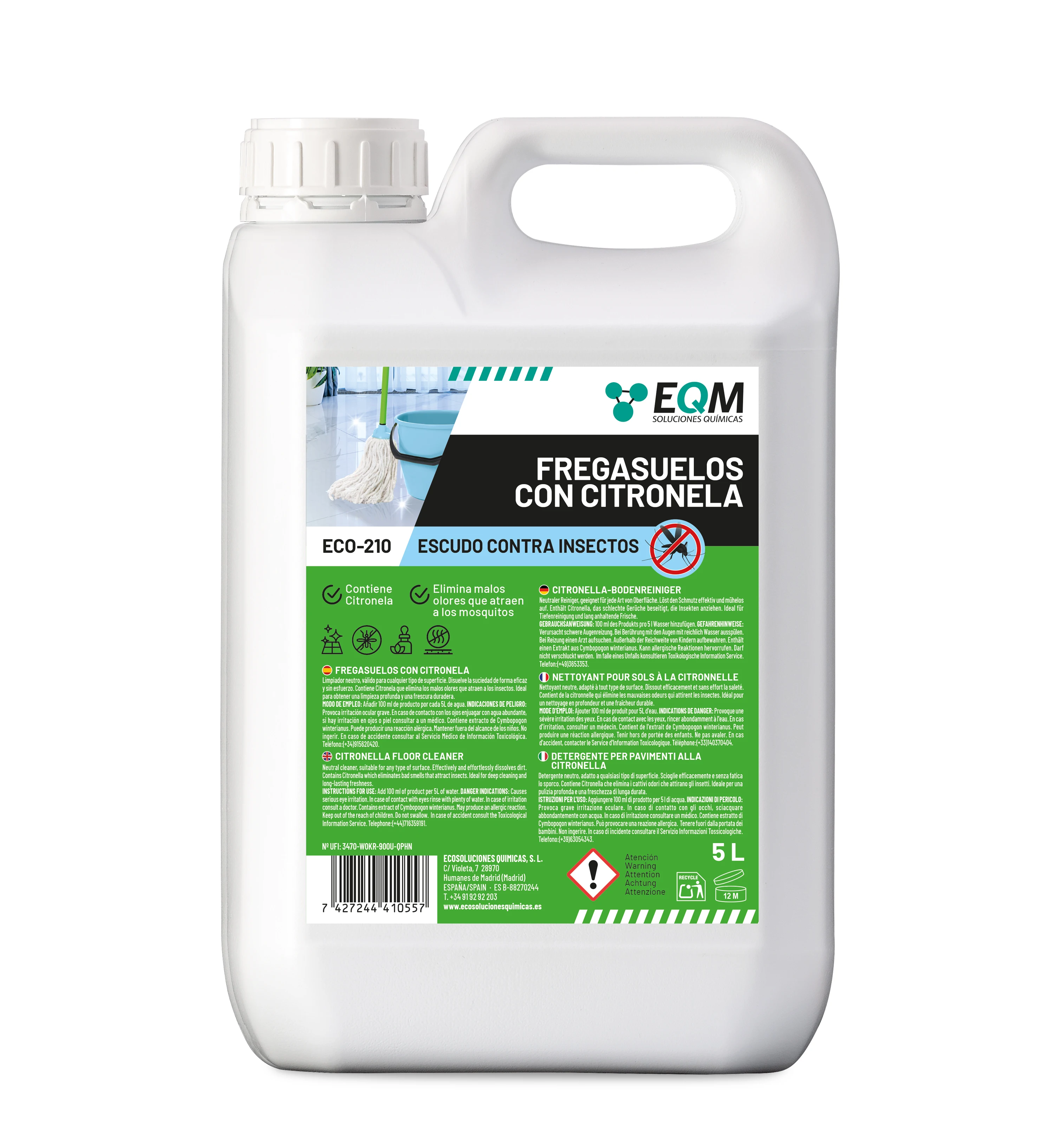 EQM - ECO-210 - Fregasuelos con Citronela - 5L - Repelente natural de insectos - Limpieza e higiene en todo tipo de superficies