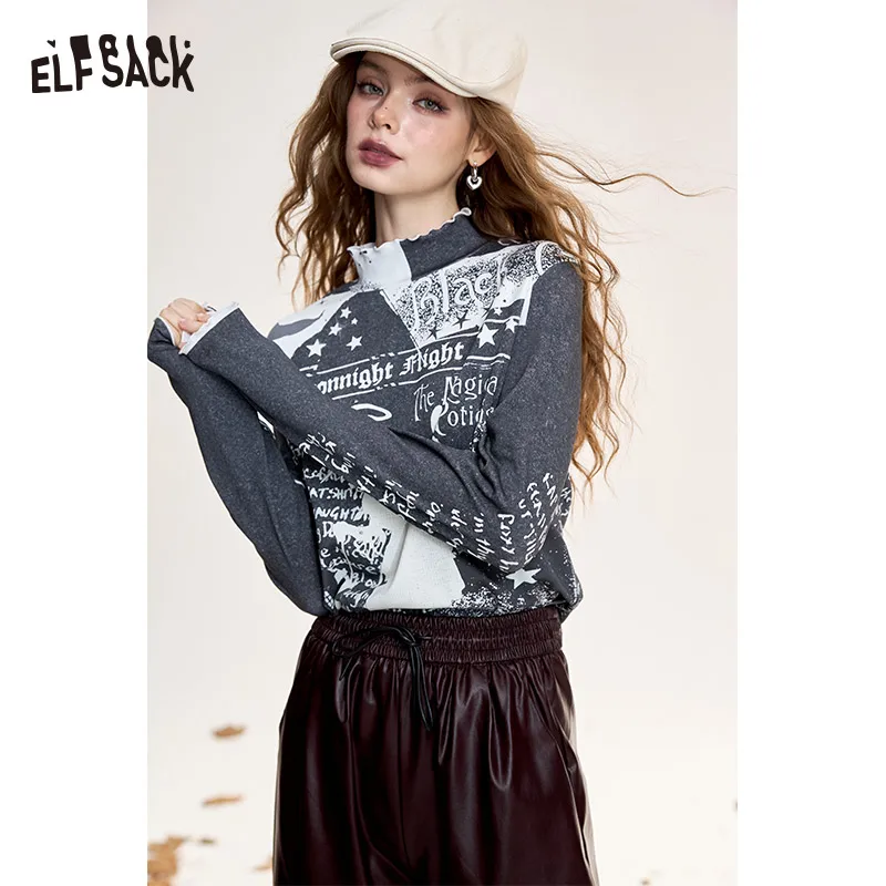 

ELFSACK 2024 Winter New Arrivals Cotton high collar T-shirt for women original witch full print ruffled edges long sleeves botto