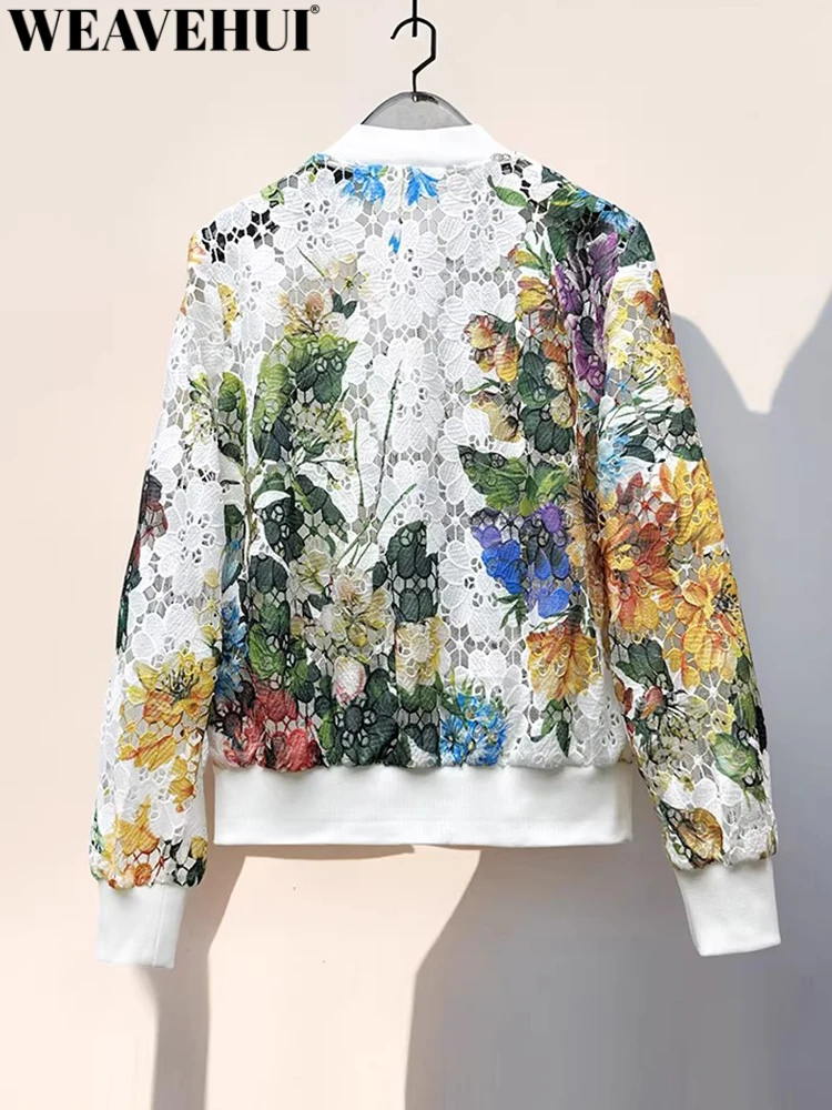 WEAVEHUI Women Stand Collar Long Sleeves Embroidery Beading Diamonds Spring Summer Streetwear Hollow Out Coat