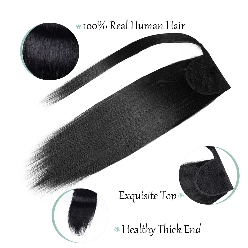 Extensions de Queue de Cheval 100% Naturelle, Cheveux Humains avec réinitialisation, Pâte Magique Invisible, Rondes, Lisses, Noires, pour Femme