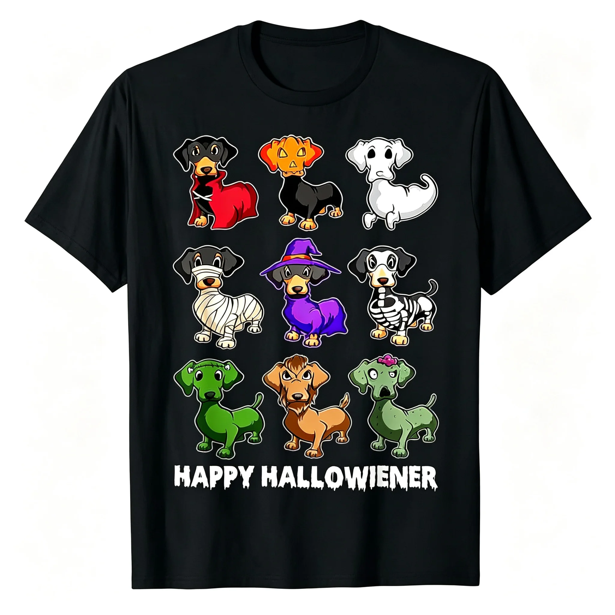 Happy Hallowiener Dachshund T‑Shirt, Halloween Costume Dachshund Dog Graphic Tee, Funny Wiener Dog Halloween Gift Shirt For Dog Lovers