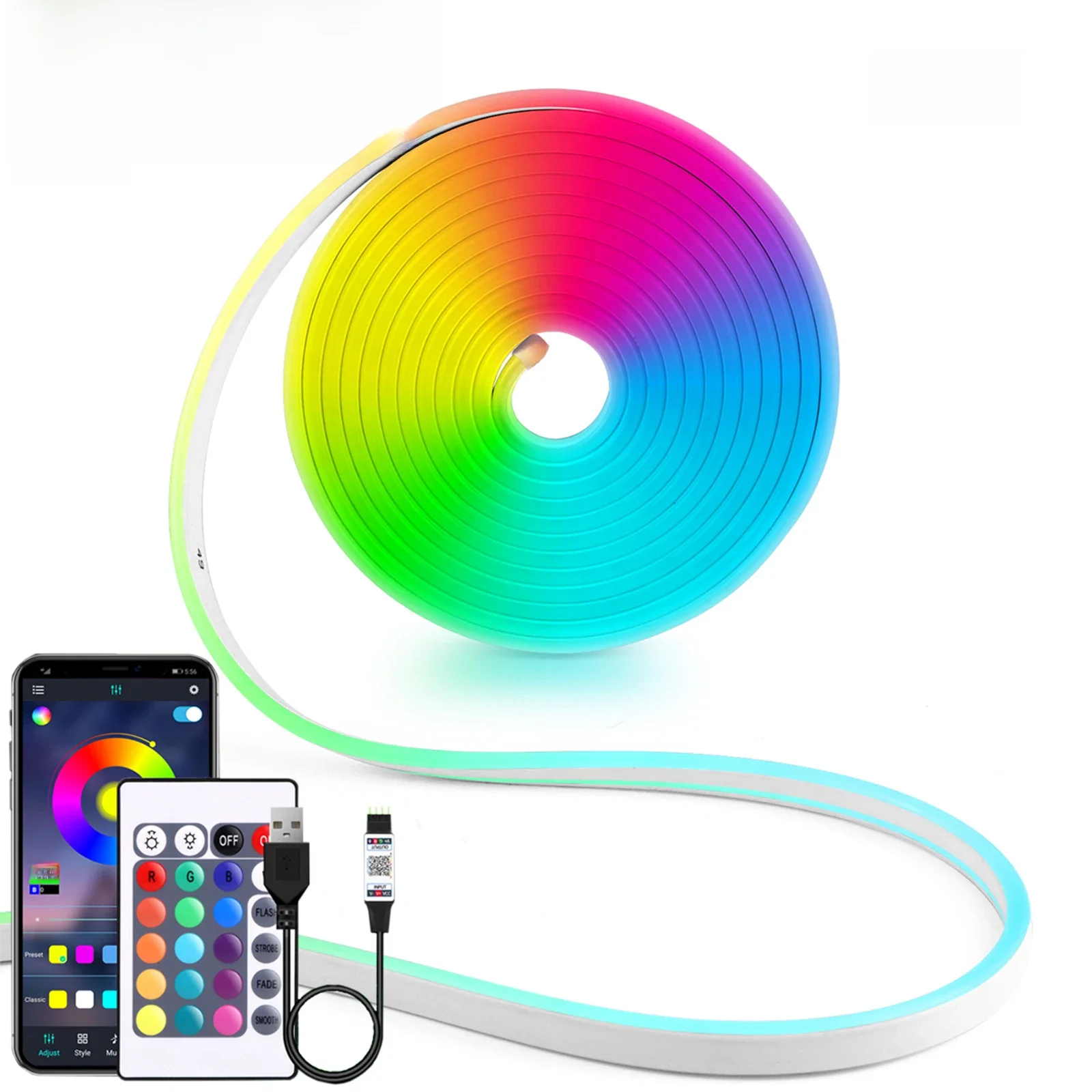 DC5V USB RGB Neon LED Strip, 1/2/3/4/5M IP65 Waterproof Neon Strip Bluetooth App and Remote Control For Neon Decortion Lighting