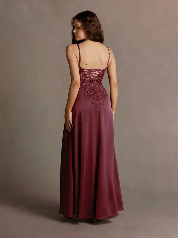 Customized Burgundy Strappy Back Maxi Dress Sleeveless Deep V-neck Skirt Embroidered Pleated A-line Silhouette Evening Gown