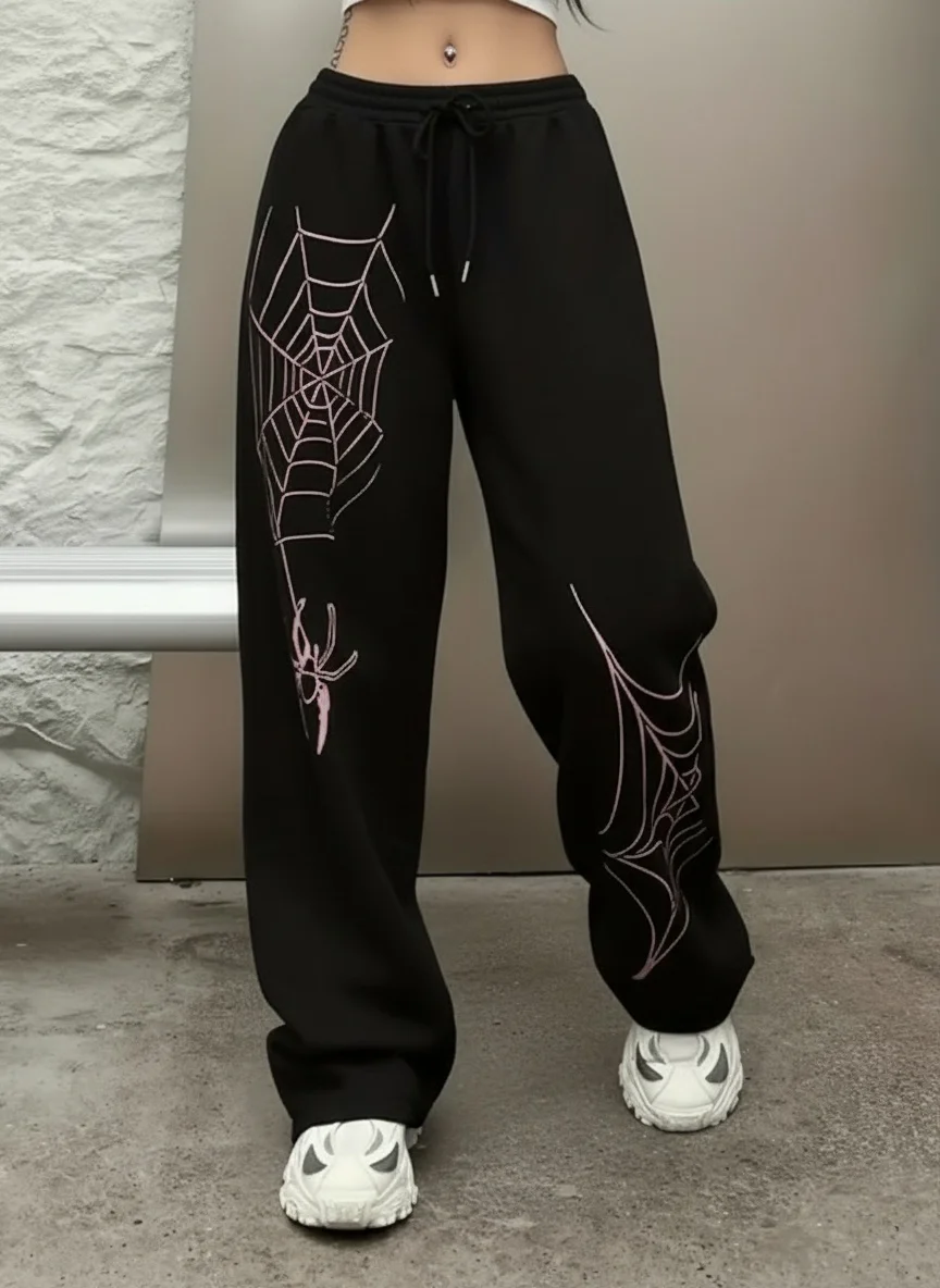 سراويل هاي ستريت الأمريكية، مجموعة شتوية سوداء جديدة للرجال العصريات بتصميم مطبوع، هي بنطال فضفاض واسع الساق