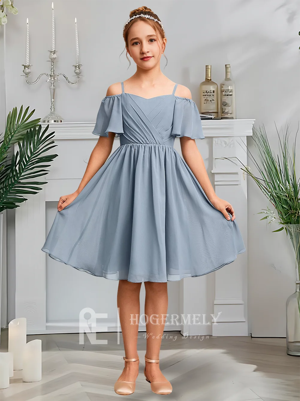 Синее платье подружки невесты с открытыми плечами, платье с цветочным узором для девочек, шифоновое платье трапециевидной формы длиной до колена для девочек, праздничная, свадебная, официальная одежда